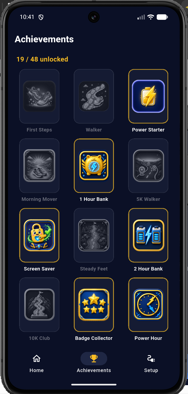 PowerPlay achievements: 19 of 48 badges unlocked, gold frames on earned ones